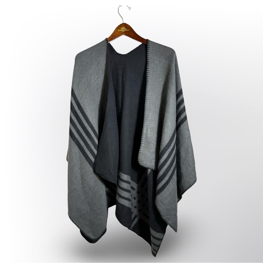 Gray & Black Striped Open Front Poncho Wrap Shawl Blanket Cape - Picture 3 of 4